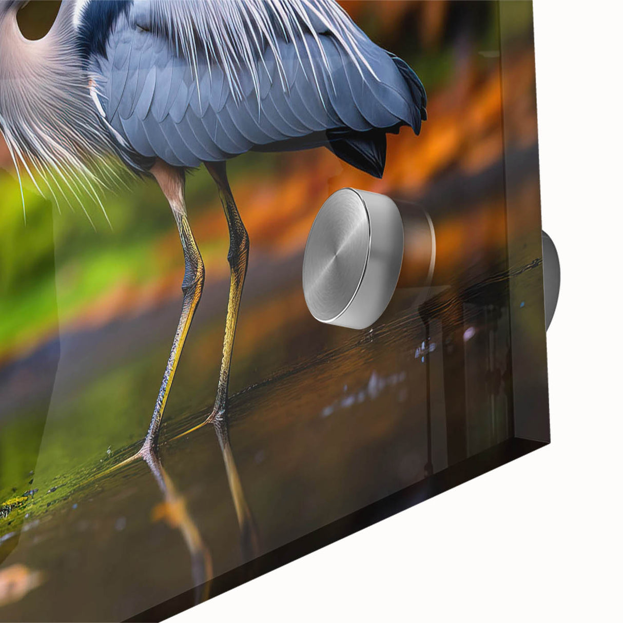 Close-up of a vibrant acrylic wall art piece featuring a heron and egret design, showcasing intricate details and colors, perfect for enhancing interior decor.