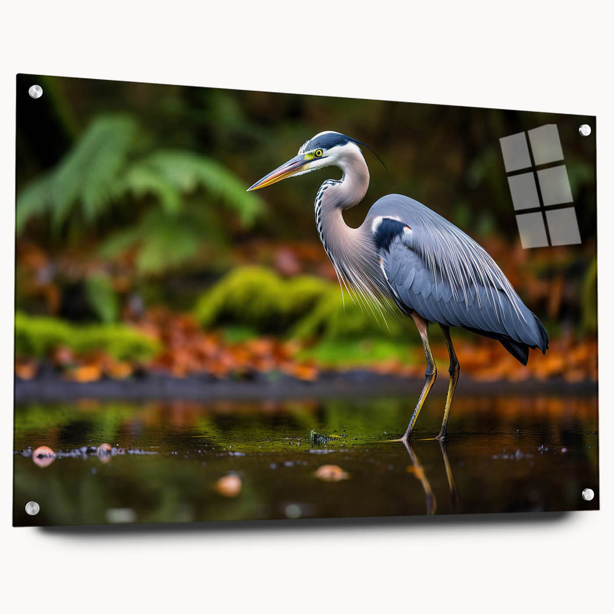 Elegant acrylic wall art showcasing a heron and egret design, side view with decorative pins, perfect for enhancing modern home decor.