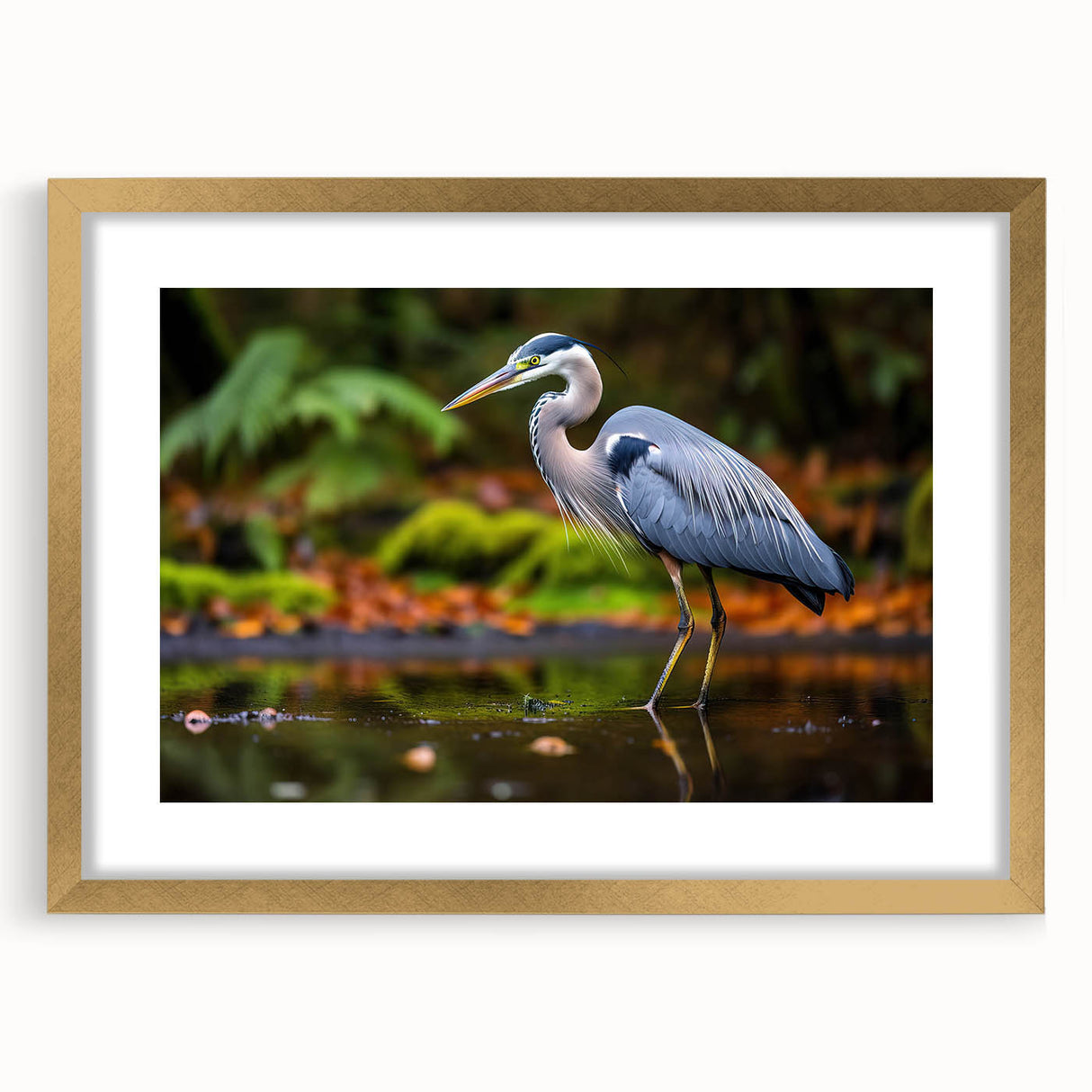 Elegant wall art featuring a gold-framed design of herons and egrets, beautifully matted and suitable for home decor, showcasing nature's grace.
