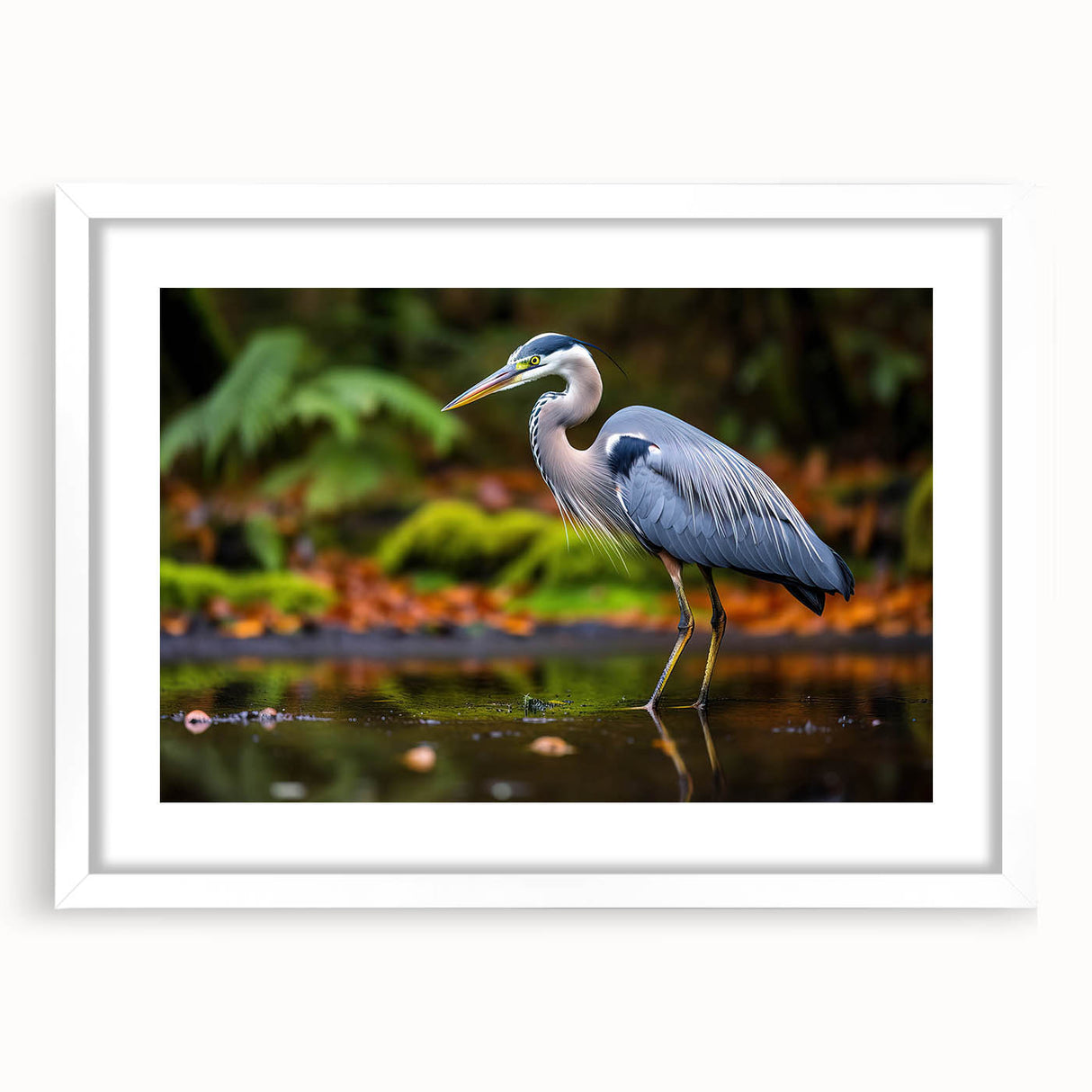 Elegant wall art featuring a heron and egret design, framed with a white mat, showcasing a serene nature scene perfect for home decor. Ideal for bird lovers.