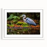 Elegant wall art featuring a heron and egret design, framed with a white mat, showcasing a serene nature scene perfect for home decor. Ideal for bird lovers.
