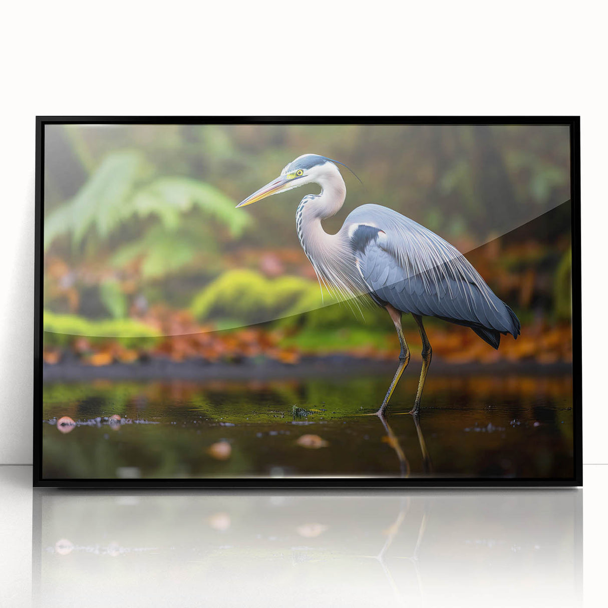 Framed wall art featuring a heron and egret design on a black background, showcasing intricate details and vibrant colors, ideal for modern home decor.