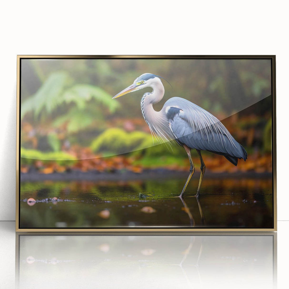 Framed wall art showcasing a heron and egret design in elegant gold accents, perfect for enhancing modern home decor with a nature-inspired touch.