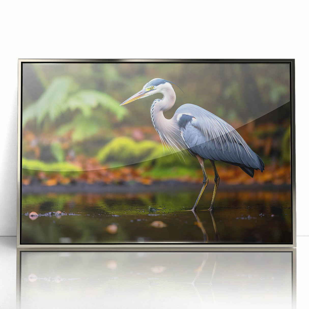 Elegant framed wall art featuring a heron and egret design, showcasing intricate details in silver and white colors, perfect for modern home decor.