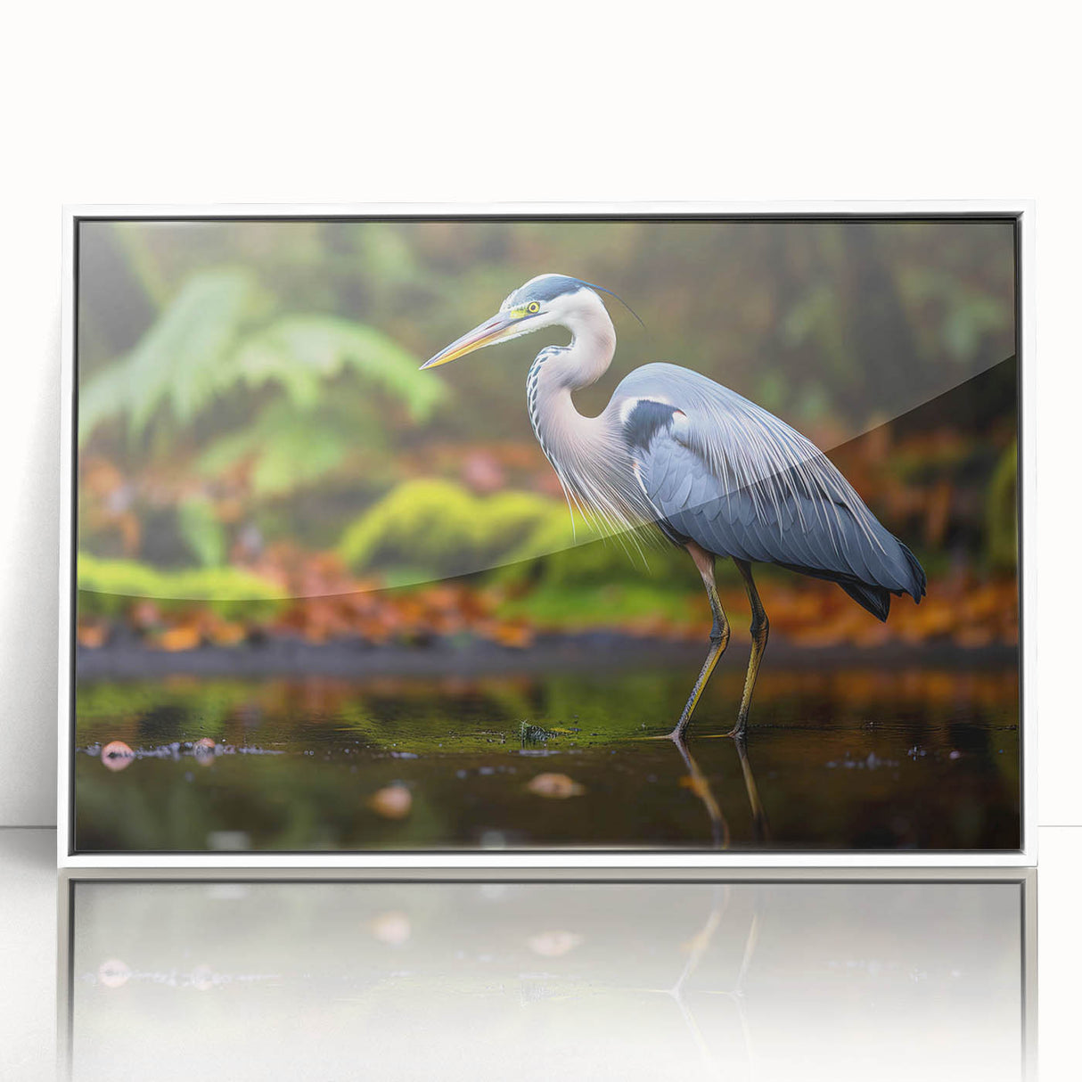 Framed wall art featuring a heron and egret design, showcasing intricate details and vibrant colors on a white background, adding elegance to home decor.