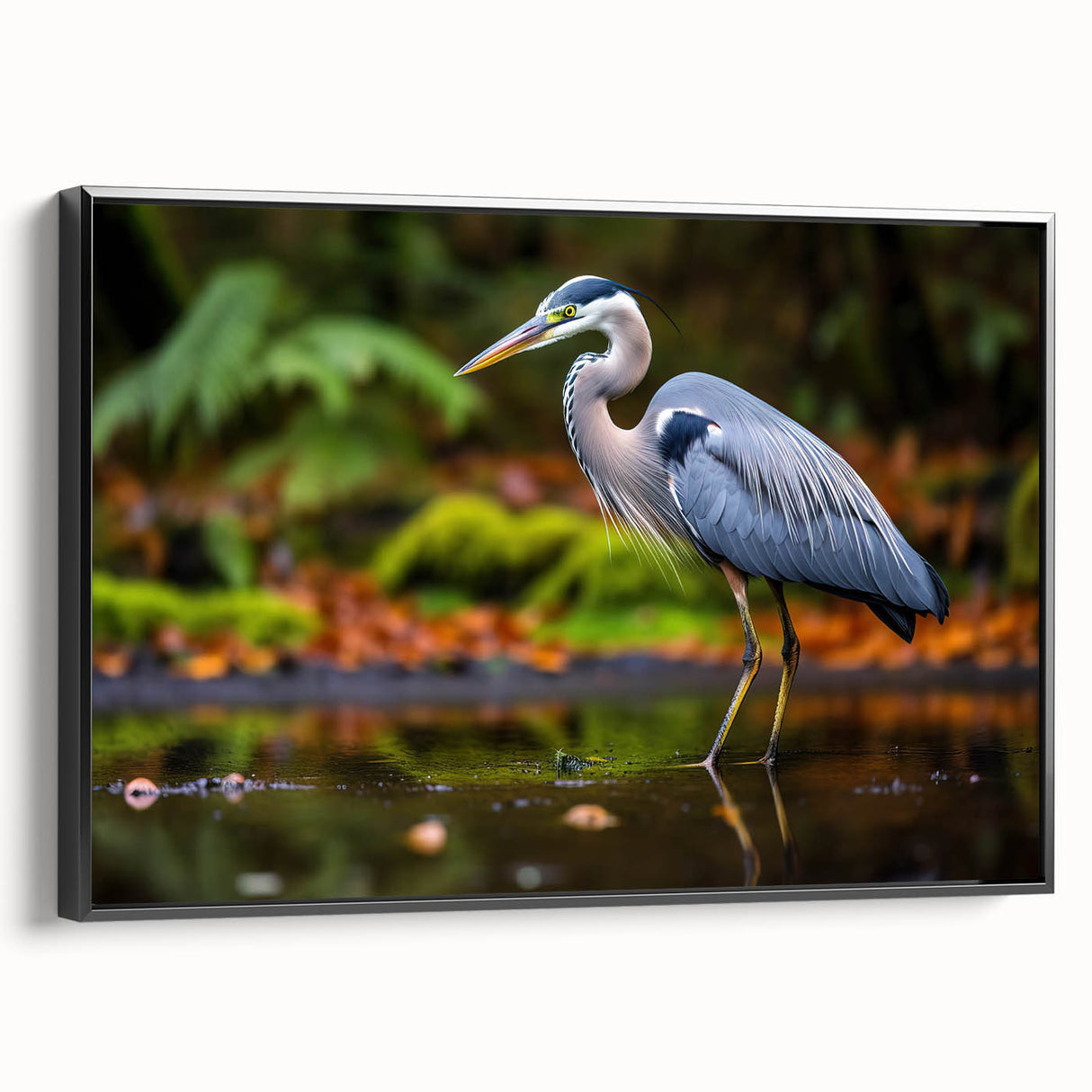 Framed canvas wall art showcasing a serene heron and egret design, featuring detailed brushwork and a black frame, perfect for enhancing modern home decor.