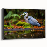 Framed canvas wall art showcasing a serene heron and egret design, featuring detailed brushwork and a black frame, perfect for enhancing modern home decor.