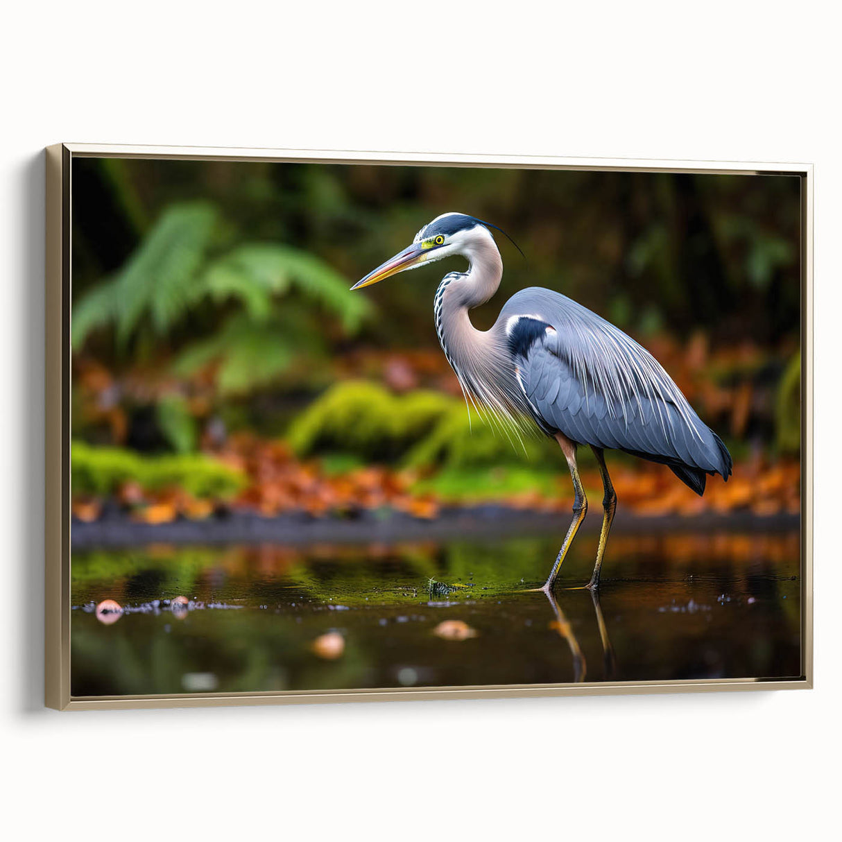 Framed wall art featuring a stylish heron and egret design in gold tones, showcasing elegant birds against a textured background, perfect for home decor.