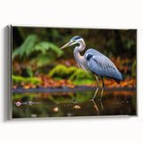 Elegant framed wall art showcasing a silver heron and egret design on canvas, highlighting intricate details and a modern aesthetic suitable for home decor.