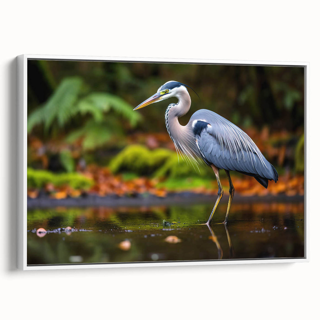 Framed wall art featuring a serene white heron and an egret in a natural setting, showcasing intricate details and vibrant colors, perfect for home decor.