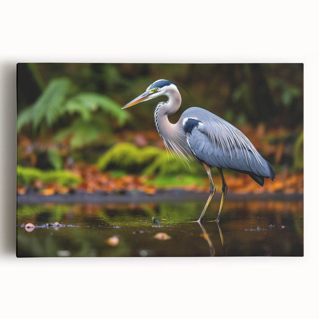 Stretched canvas artwork showcasing a serene heron and egret design in soft blues and whites, perfect for nature-themed home decor or art collections.