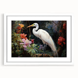 Elegant wall art featuring a heron and egret design, framed with a white mat. Ideal for nature lovers seeking sophisticated decor to enhance their living space.
