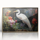 Framed wall art featuring a heron and egret design with a gold-accented frame, showcasing vibrant colors and intricate details, ideal for enhancing home decor.