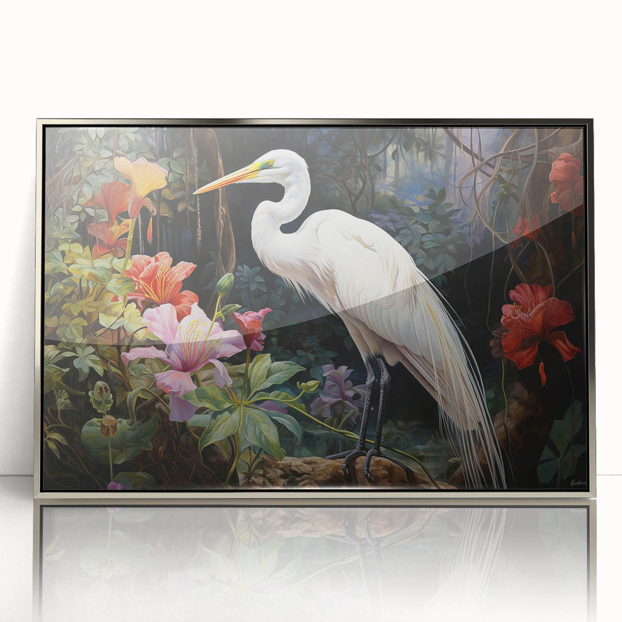 Framed wall art featuring a striking design of a heron and egret, showcased in a sleek silver frame, ideal for modern home decor. Perfect for bird lovers and nature enthusiasts seeking elegant wall accents.