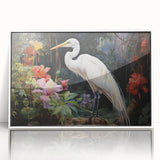 Framed wall art featuring a serene heron and egret design, showcasing delicate brush strokes and vibrant colors set against a white background, ideal for home decor.