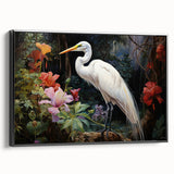 Framed canvas wall art showcasing a serene heron and egret design in black, highlighting intricate details and vibrant colors, perfect for home decor.