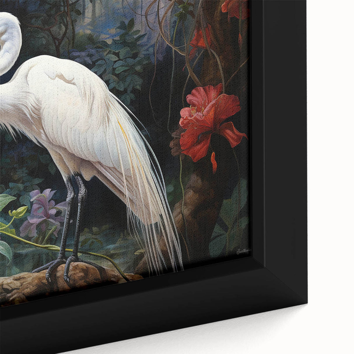 Close-up of a beautifully framed wall art piece showcasing a heron and egret design, featuring vibrant colors and intricate details on a textured canvas surface.