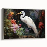Framed wall art collection showcasing an elegant silver heron and egret design on canvas, highlighting intricate details and a stylish side view, perfect for modern decor.
