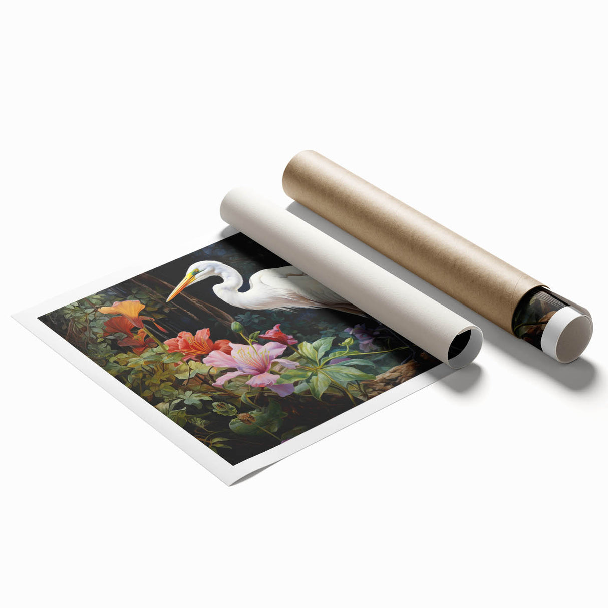 Elegant wall art print showcasing a heron and egret design, featuring soft pastel colors and intricate detailing, perfect for enhancing home decor aesthetics.