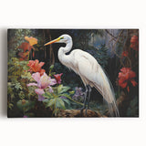 Elegant stretched canvas wall art featuring a serene heron and egret design, showcasing vibrant colors and intricate details, perfect for nature-inspired decor.