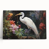 Stretched canvas wall art showcasing a serene design of a heron and egret amidst lush foliage, perfect for adding a touch of nature to home decor.