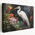 Stretched canvas wall art showcasing a serene heron and egret design in soft blues and whites, framed elegantly for a tranquil home decor accent.