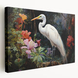 Stretched canvas wall art showcasing a serene heron and egret design in soft blues and whites, framed elegantly for a tranquil home decor accent.