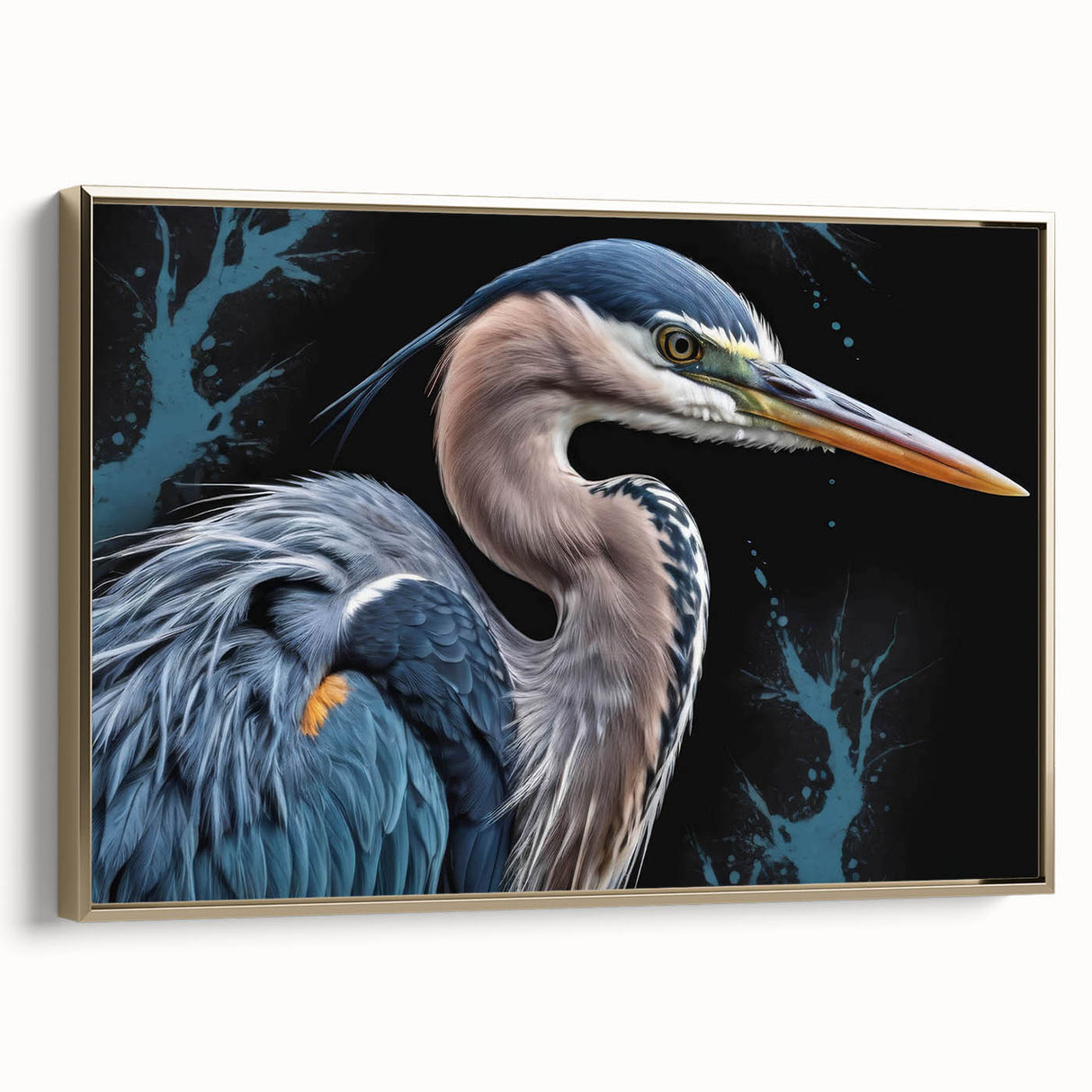 Framed canvas wall art showcasing a serene gold heron and egret design, set against a soft backdrop, perfect for enhancing any modern decor with elegance.