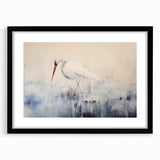 Framed wall art showcasing a heron and egret design, featuring a sleek black frame and mat. Ideal for adding a touch of nature-inspired elegance to home decor.
