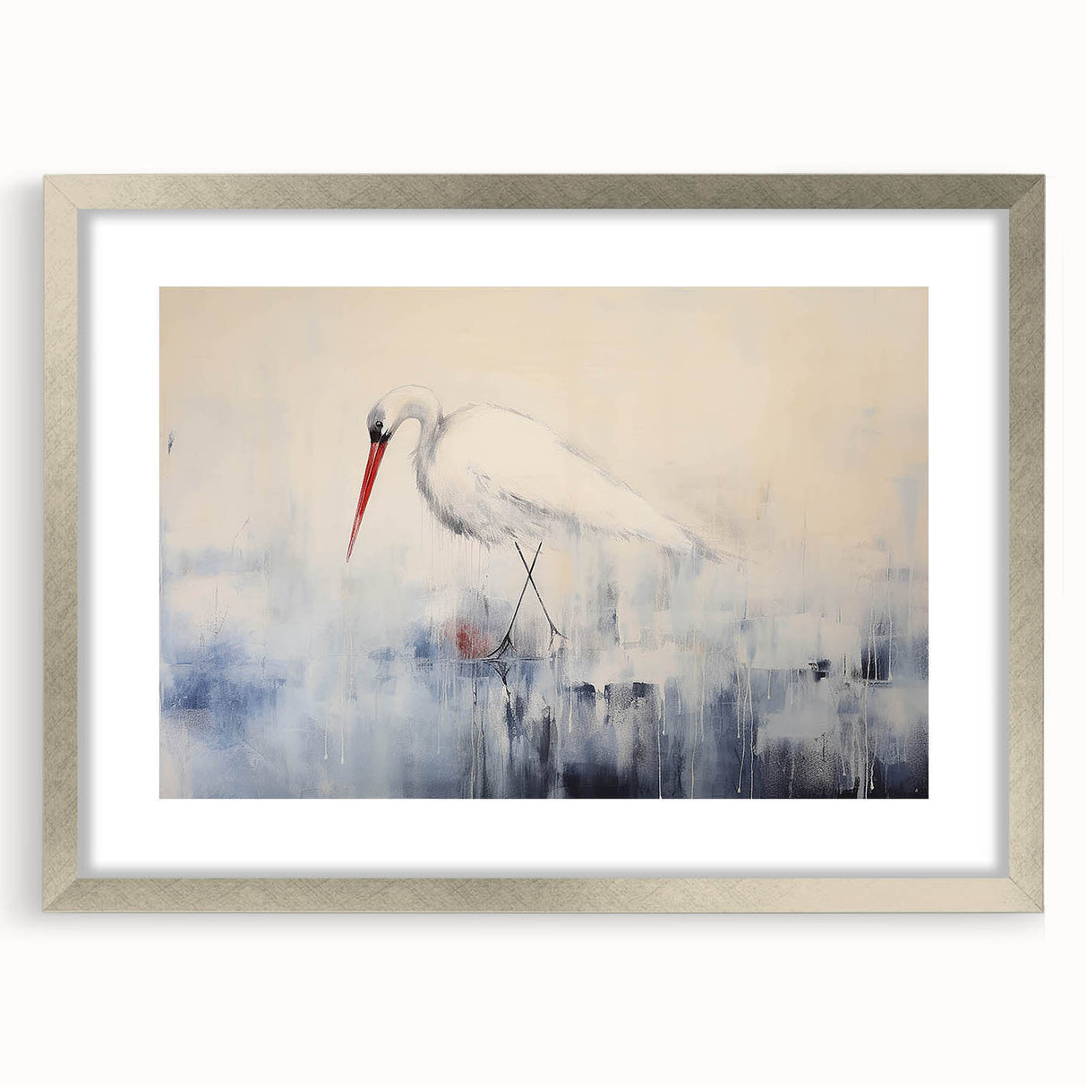 Framed wall art featuring a heron and egret design, showcasing delicate birds in a serene setting. The art is elegantly presented in a silver frame with a mat, enhancing its aesthetic appeal for home decor.
