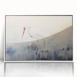 Framed wall art showcasing a heron and egret design, featuring a white frame and acrylic finish, perfect for enhancing contemporary home decor.