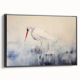 Framed wall art featuring a serene design of herons and egrets in a black frame, showcasing vibrant colors and intricate details, perfect for nature lovers' decor.