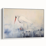 Framed canvas wall art showcasing a serene heron and egret design in soft pastel colors, perfect for adding elegance to any home decor. Ideal for nature enthusiasts.