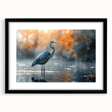 Framed wall art featuring a heron and egret design, set in a sleek black frame with a white mat, perfect for enhancing modern home decor.