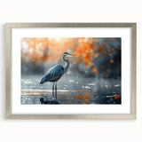 Framed wall art featuring a serene heron and egret design, presented in a sleek silver frame with a mat, perfect for enhancing nature-themed decor.