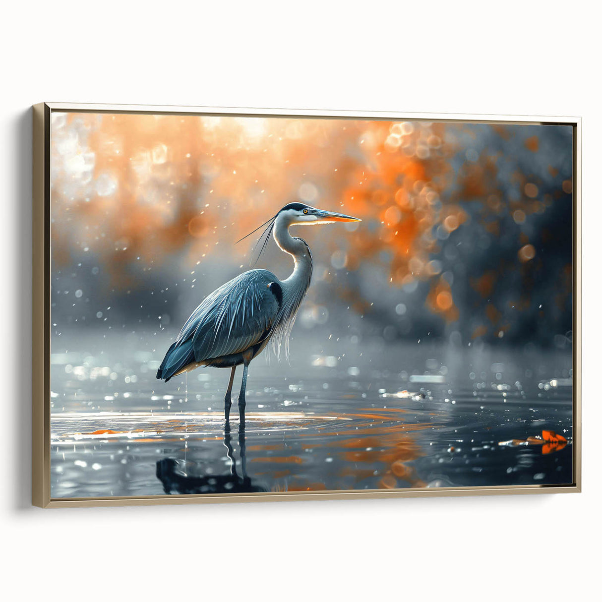 Framed wall art collection featuring a side view of elegant heron and egret designs in gold tones, perfect for enhancing modern home decor with nature-inspired aesthetics.