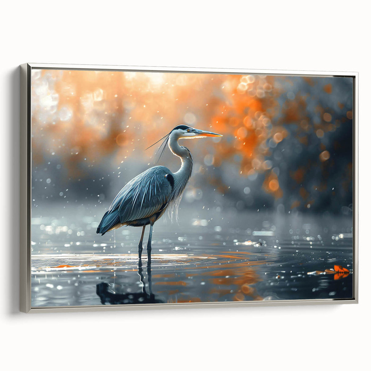 Framed wall art collection showcasing a serene heron and egret design in silver tones, ideal for modern decor, enhancing any living space with nature's beauty.