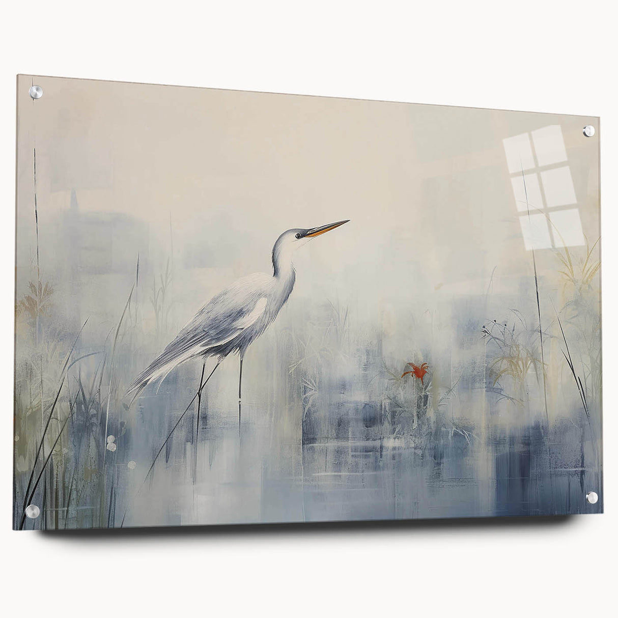 Elegant wall art showcasing a heron and egret design on acrylic glass, featuring a side view with decorative pins, perfect for enhancing modern home decor.