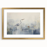 Framed wall art featuring an elegant heron and egret design, adorned with a gold frame and mat, perfect for enhancing home decor with a nature-inspired aesthetic.