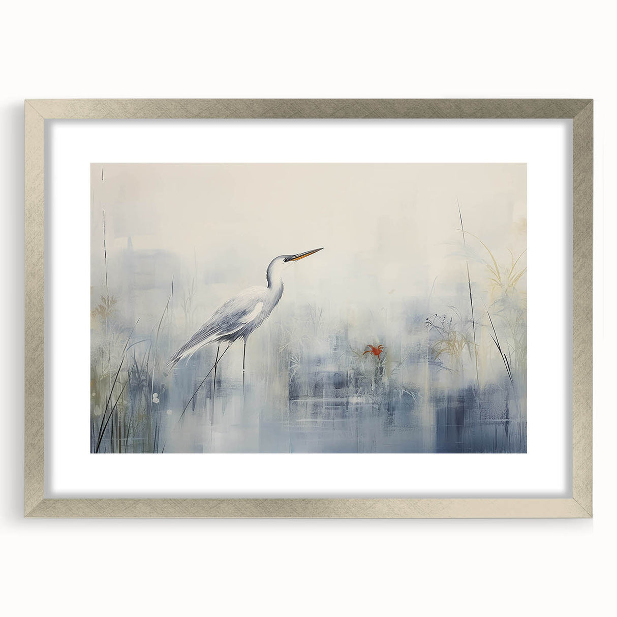 Framed wall art showcasing a silver mat featuring a heron and egret design, perfect for enhancing home decor with a touch of nature-inspired elegance.