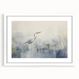 Elegant framed wall art featuring a heron and egret design, showcasing intricate details and soft colors against a white mat; perfect for enhancing home decor.