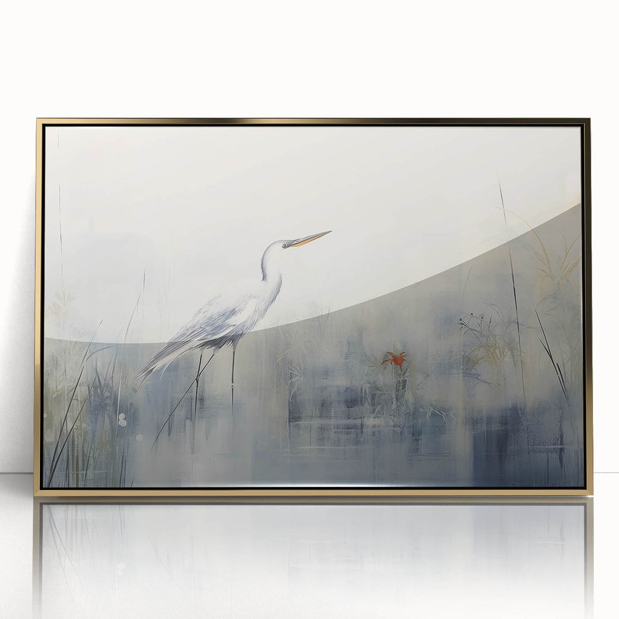 Framed wall art showcasing a stunning heron and egret design in vibrant colors, featuring an elegant gold acrylic frame, perfect for adding sophistication to any decor.
