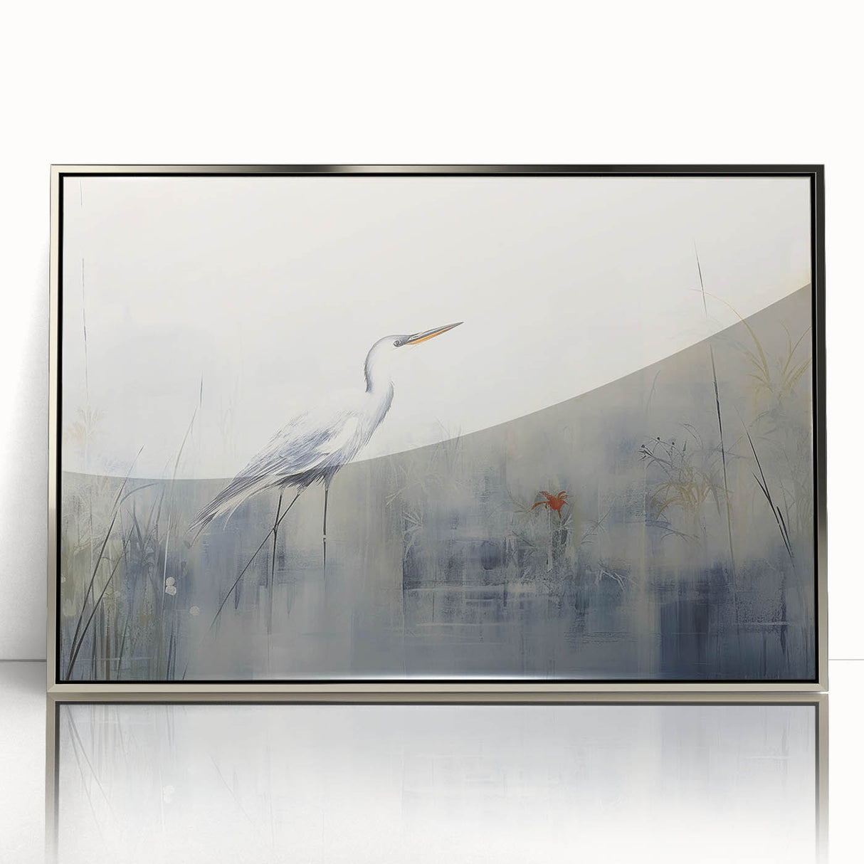 Framed wall art showcasing a serene heron and egret design in elegant silver accents, perfect for enhancing modern home decor.