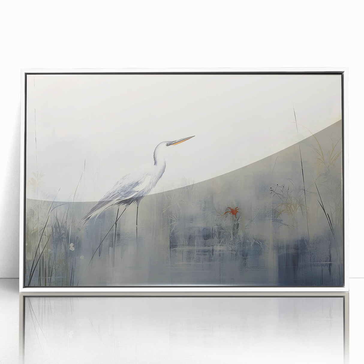 Framed wall art featuring a heron and egret design with vibrant colors set against a white background, perfect for enhancing modern home decor.