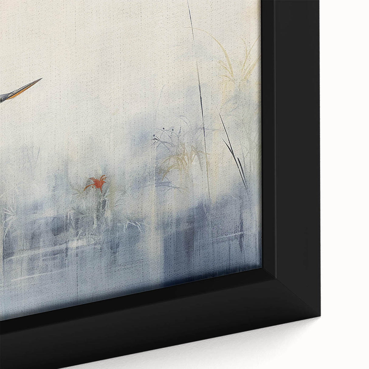 Close-up of a framed canvas artwork depicting a heron and egret in a serene natural setting, showcasing vibrant colors and intricate details, ideal for enhancing home decor.