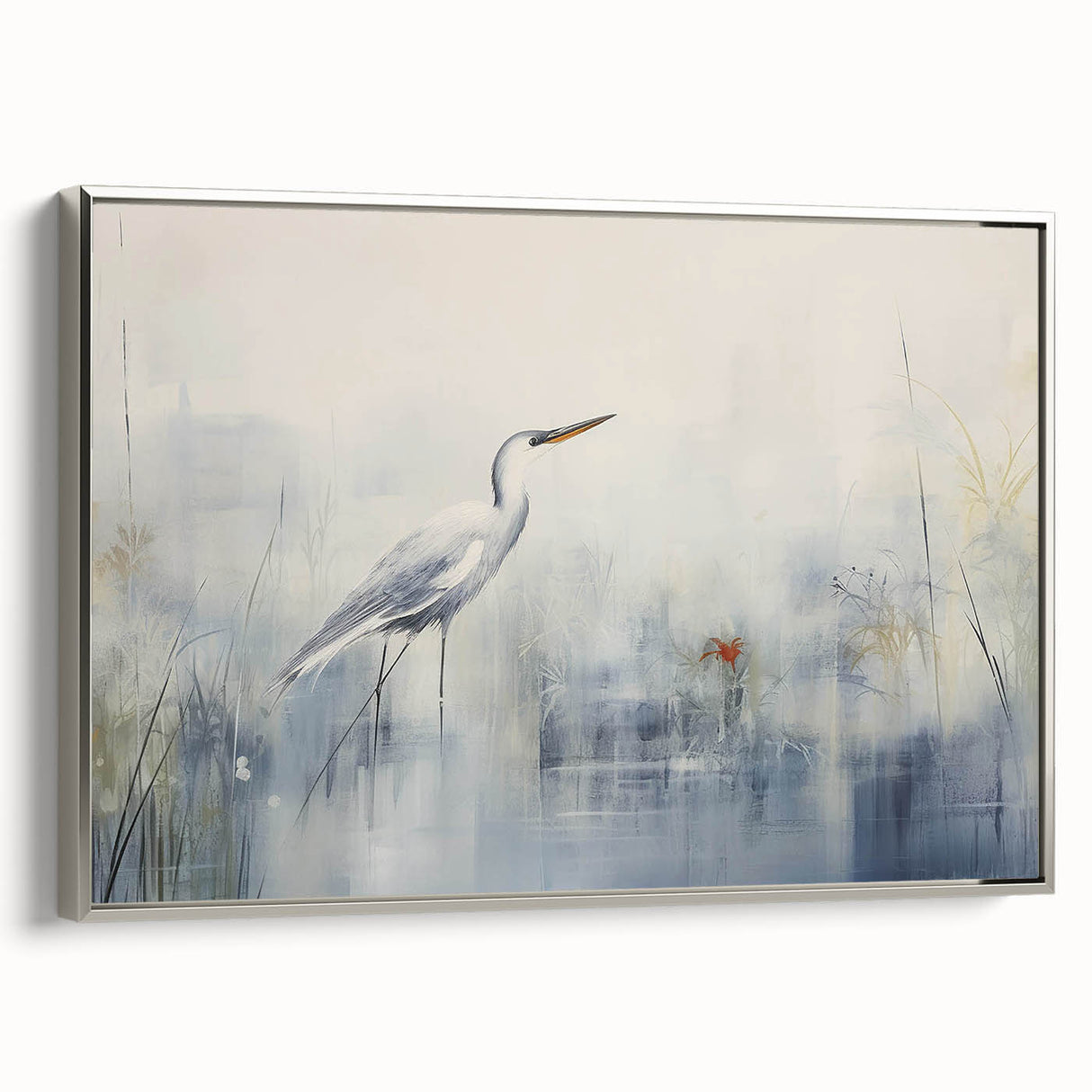 Framed wall art collection showcasing a serene heron and egret design on canvas, featuring a sleek silver frame, ideal for enhancing modern home decor.