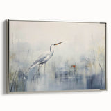 Framed wall art collection showcasing a serene heron and egret design on canvas, featuring a sleek silver frame, ideal for enhancing modern home decor.