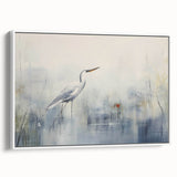 Framed canvas wall art showcasing a serene heron and egret design in soft pastel colors, elegantly displayed against a white background, perfect for nature lovers' decor.