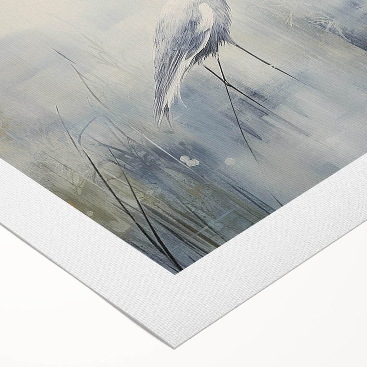 Elegant rolled canvas artwork depicting a serene heron and egret in a tranquil natural setting, showcasing detailed brushwork and vibrant colors, ideal for nature enthusiasts.