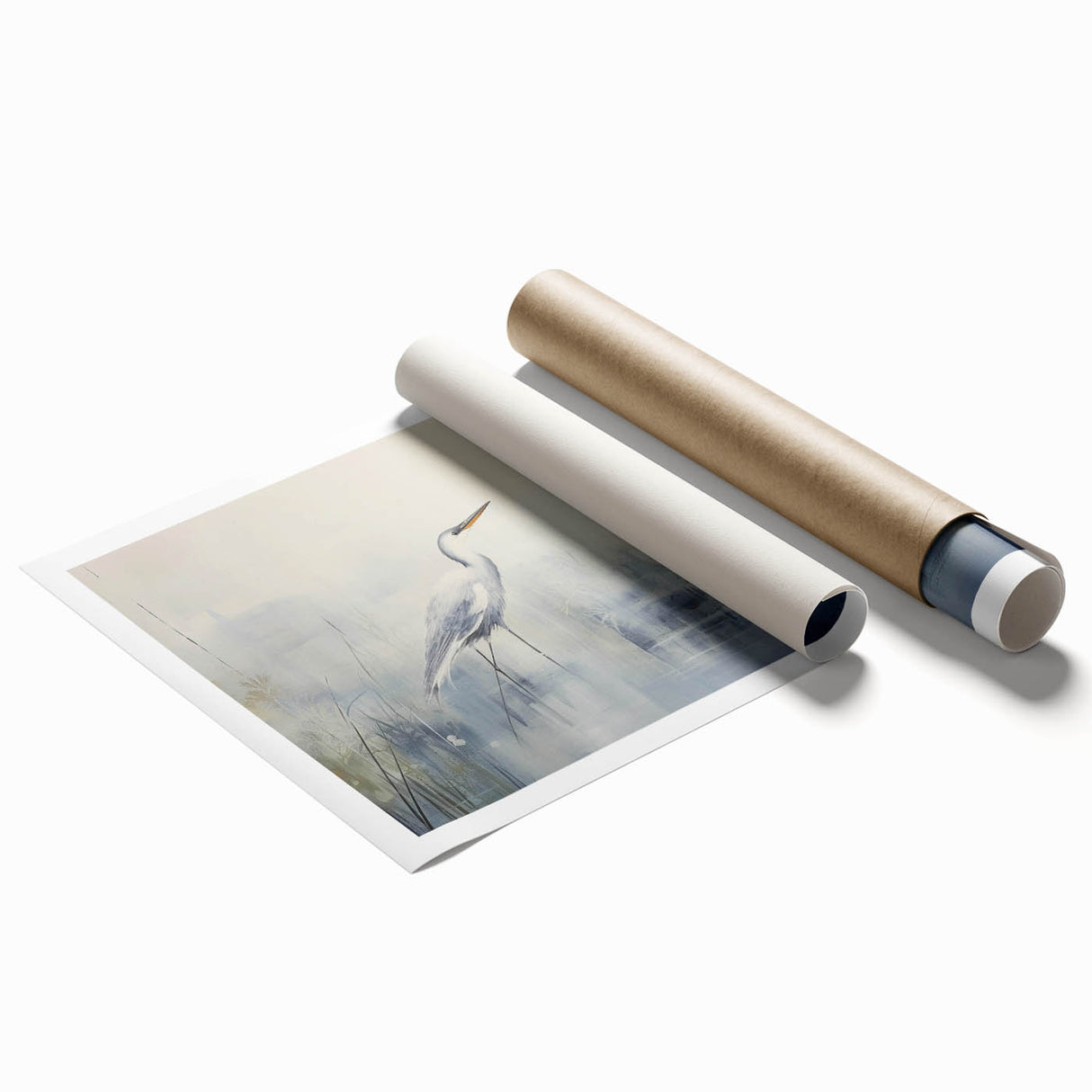 Elegant rolled wall art print featuring a heron and egret design in soft pastel colors, perfect for enhancing modern home decor. Ideal for bird lovers and nature enthusiasts.